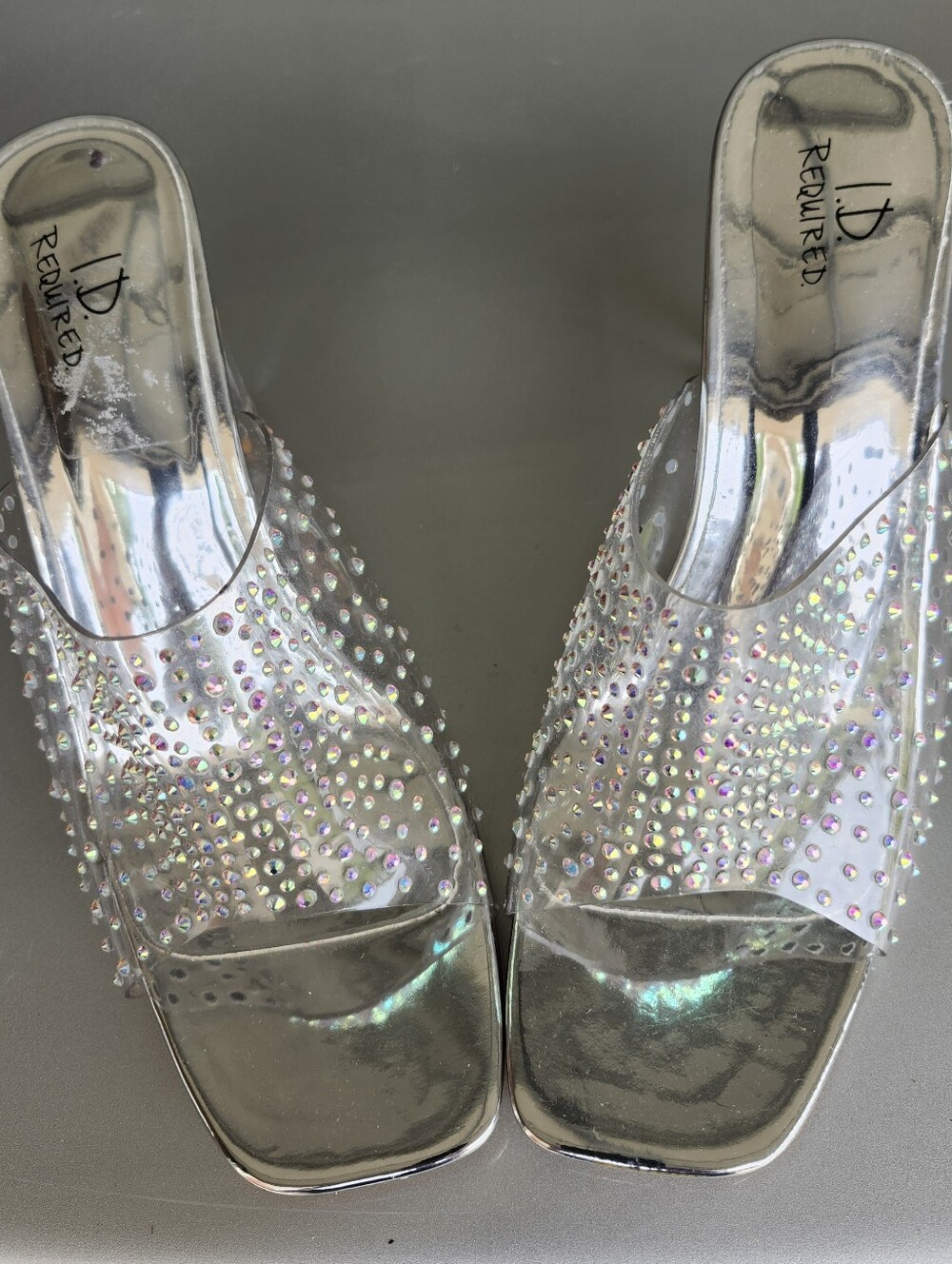ID Required Clear Mules with Iridescent Rhinestones